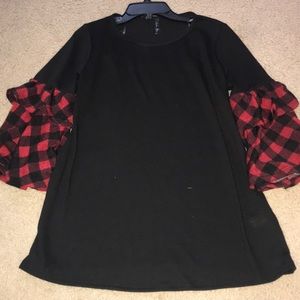 Black with Red Plaid Bell Sleeves Tunic